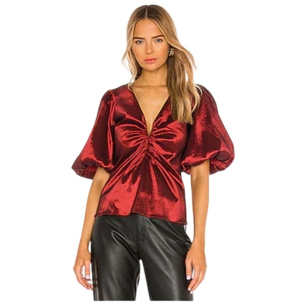 Amanda Uprichard Neveah Puff Sleeve Satin Blouse Dark Red Size M
